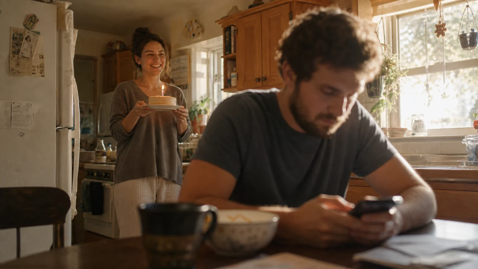 A candid photo of a smiling woman holding a celebration cake while her partner in the foreground ignores her to look at his phone.
