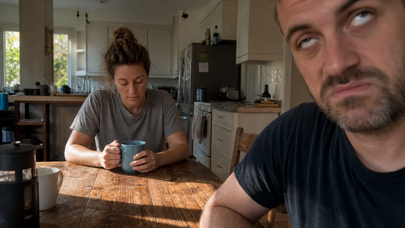 A candid photo of a woman looking down at her coffee mug at a kitchen table while her partner sneers dismissively in the foreground.