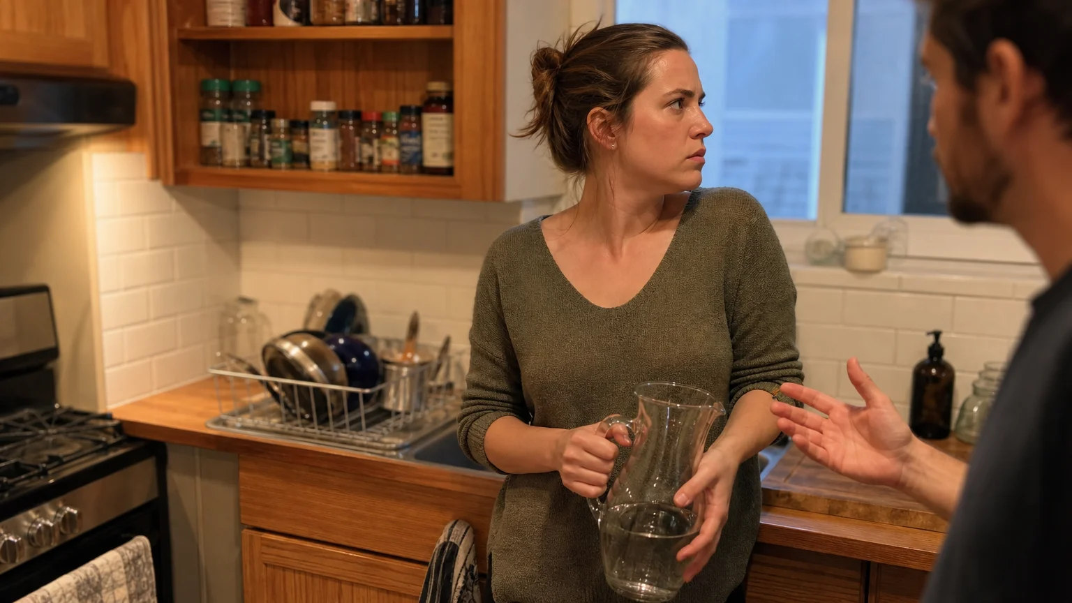 A candid photograph of a tense moment between two people in a kitchen, showing defensive body language during a conversation.