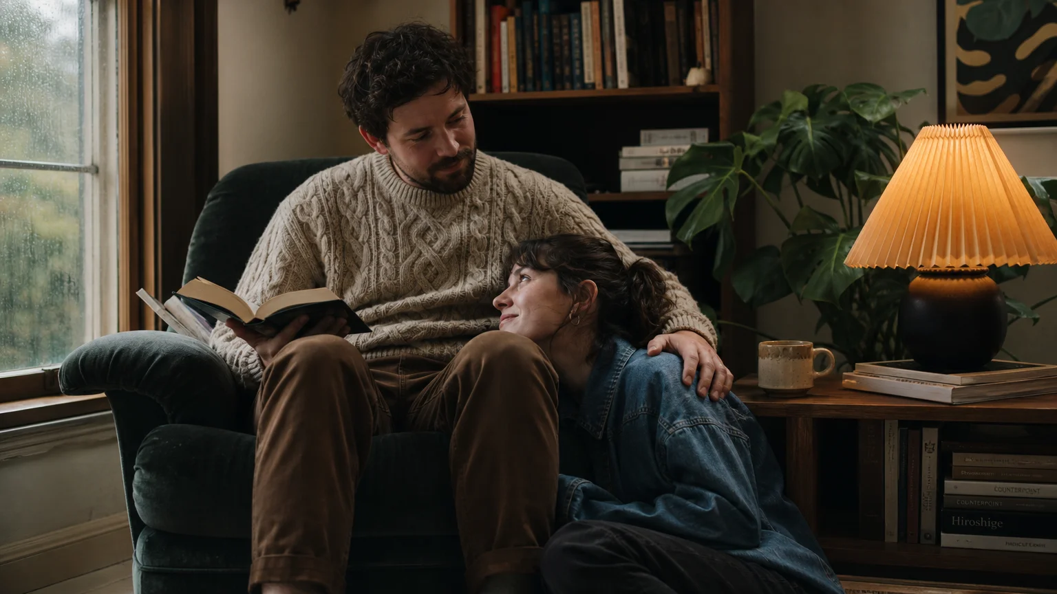 A candid shot of a couple sharing a quiet, affectionate moment in a cozy living room, illuminated by warm lamp light.