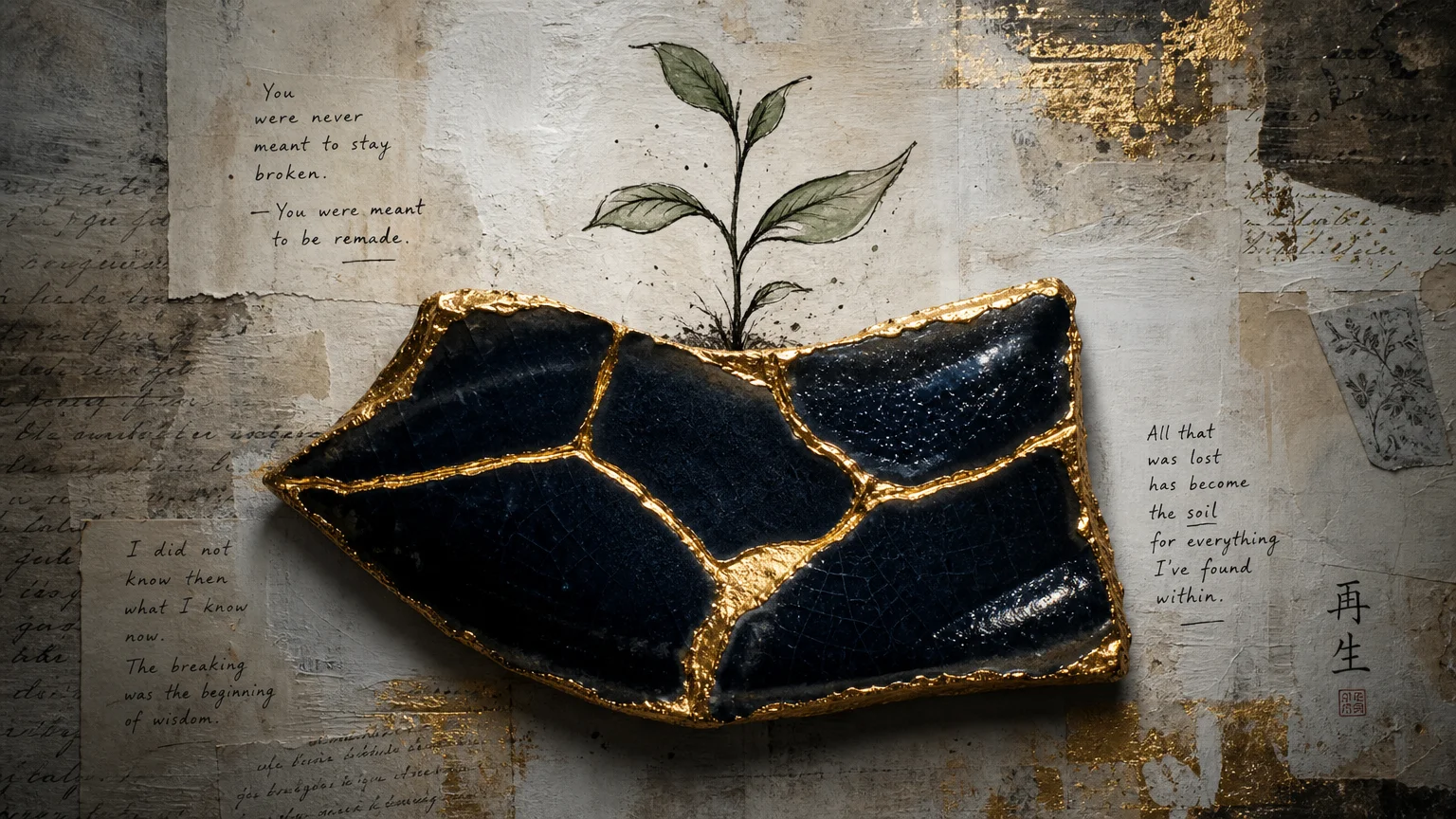 A ceramic piece repaired with gold leaf against a backdrop of journal entries, representing finding meaning in pain.
