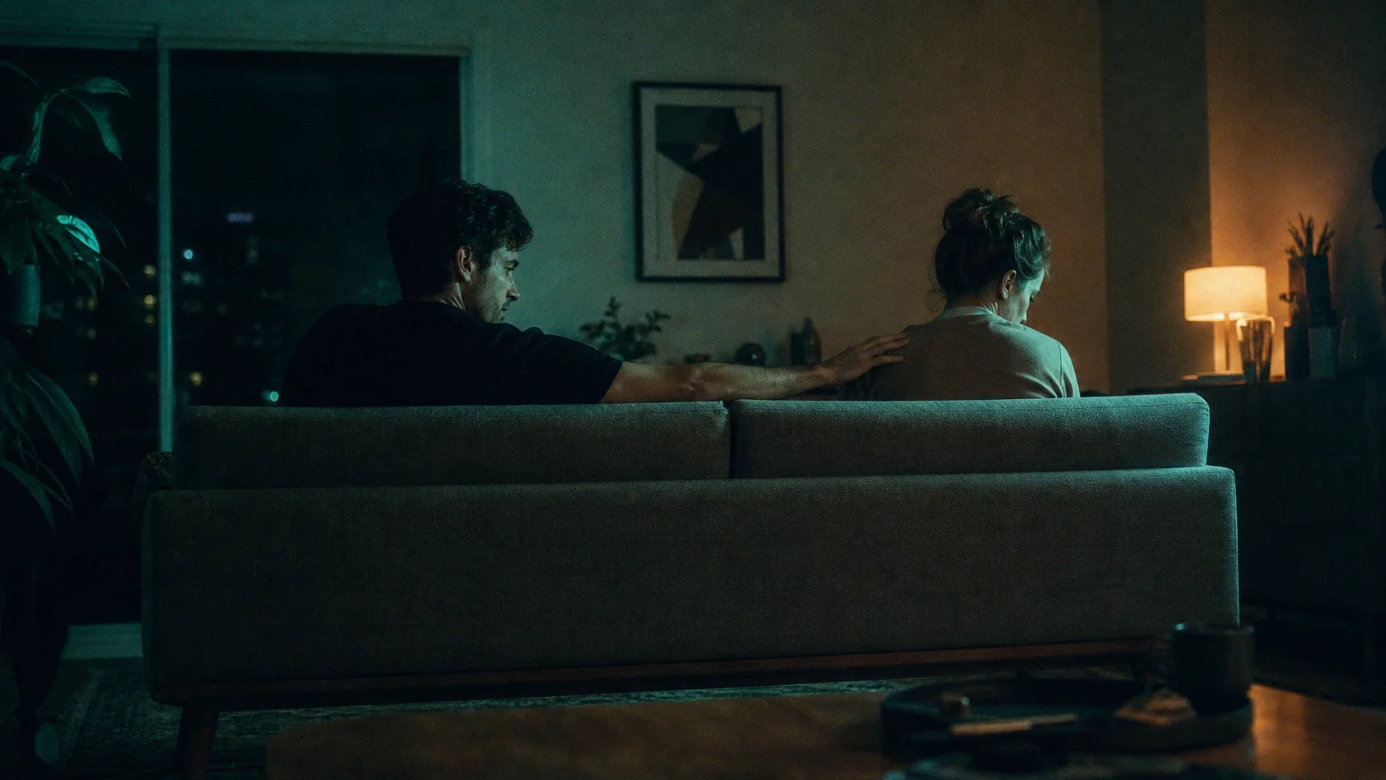 A cinematic film photo of a couple sitting on opposite ends of a couch, one reaching out with a cold, transactional gesture of affection.