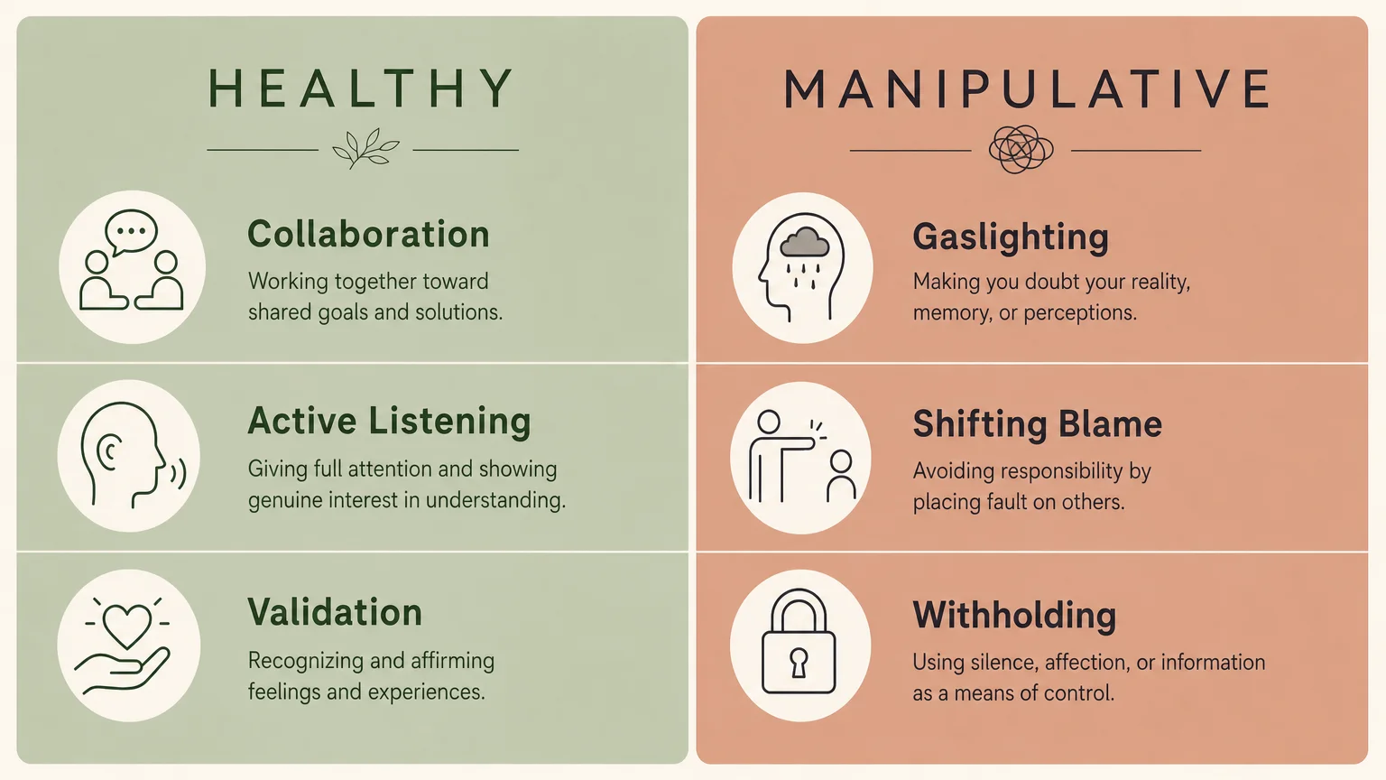A clean, comparative chart contrasting healthy conflict characteristics with manipulative tactics.