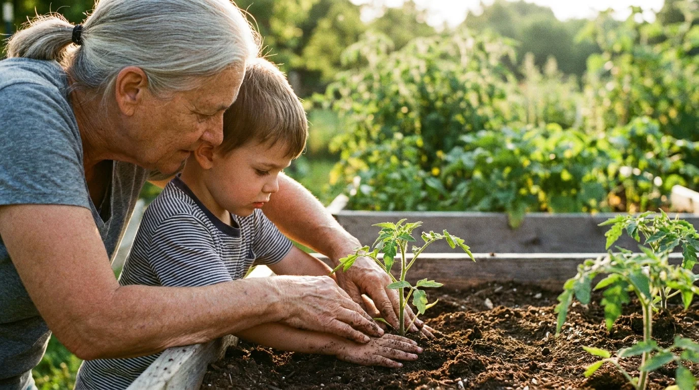 A close-up of a grandmother's weathered hands guiding a child's hands to plant a green seedling in rich garden soil.
