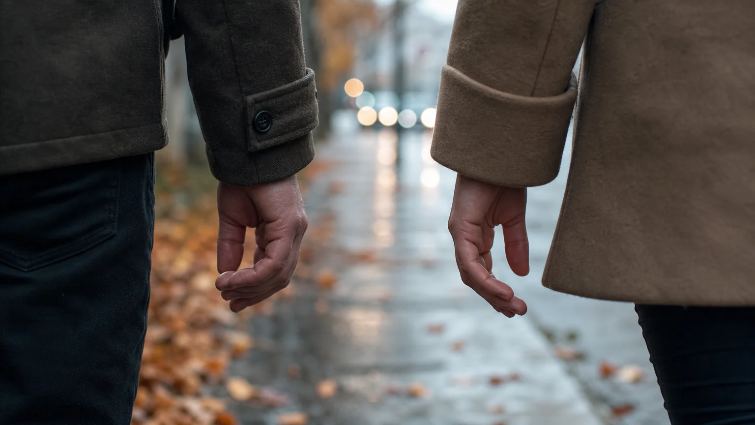 A close-up of a man and woman walking side-by-side on a city sidewalk, their hands hanging inches apart but not holding hands.