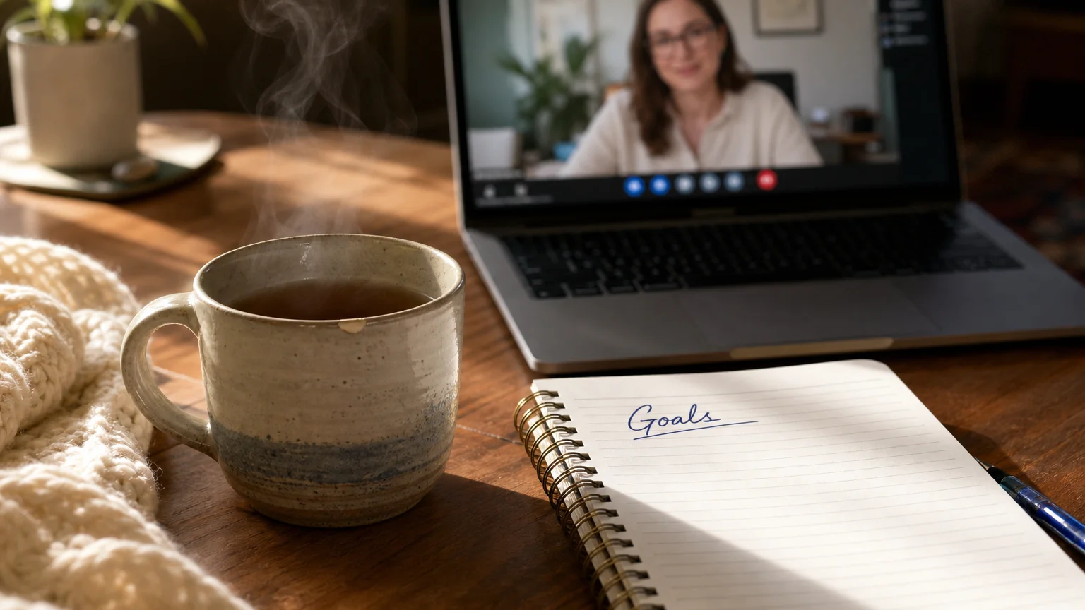A close-up of a notebook and tea on a table with a therapy video call blurred in the background.