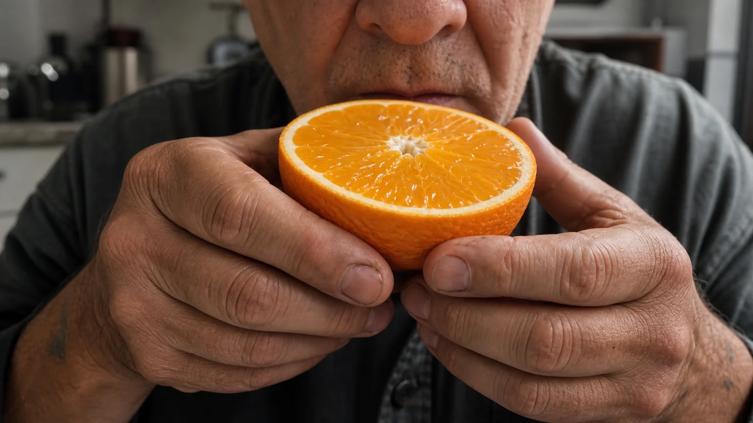 A close-up of hands holding a sliced orange up to be smelled, capturing the quiet realization of a diminished sense of smell.