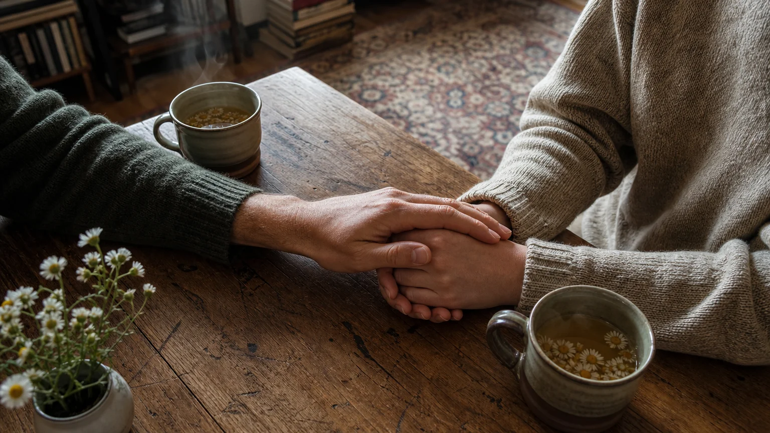 A close-up of supportive hands touching across a rustic wooden table with two mugs of tea, capturing a gentle, empathetic conversation.