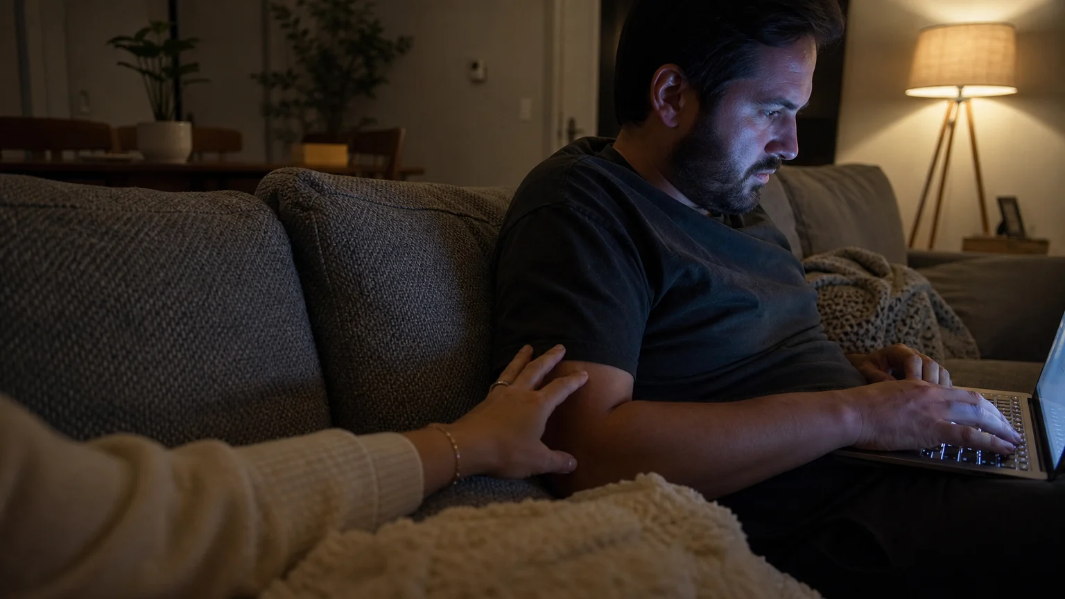 A close-up photo of a hand reaching out to touch a partner's arm, while the partner remains turned away, focused on a laptop screen.