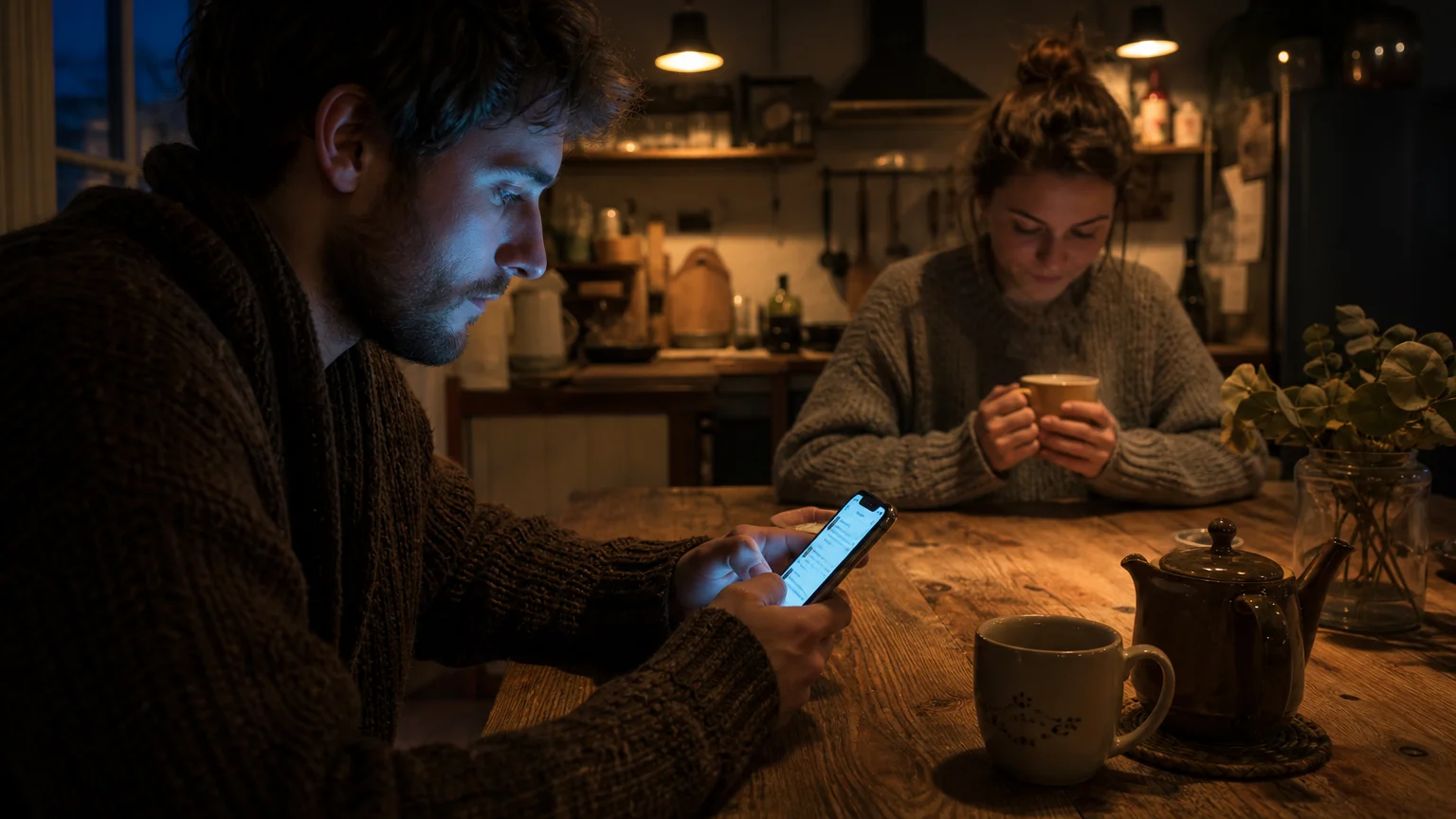 A close-up photo of a person distracted by a glowing smartphone at a table, while their partner sits ignored in the background.