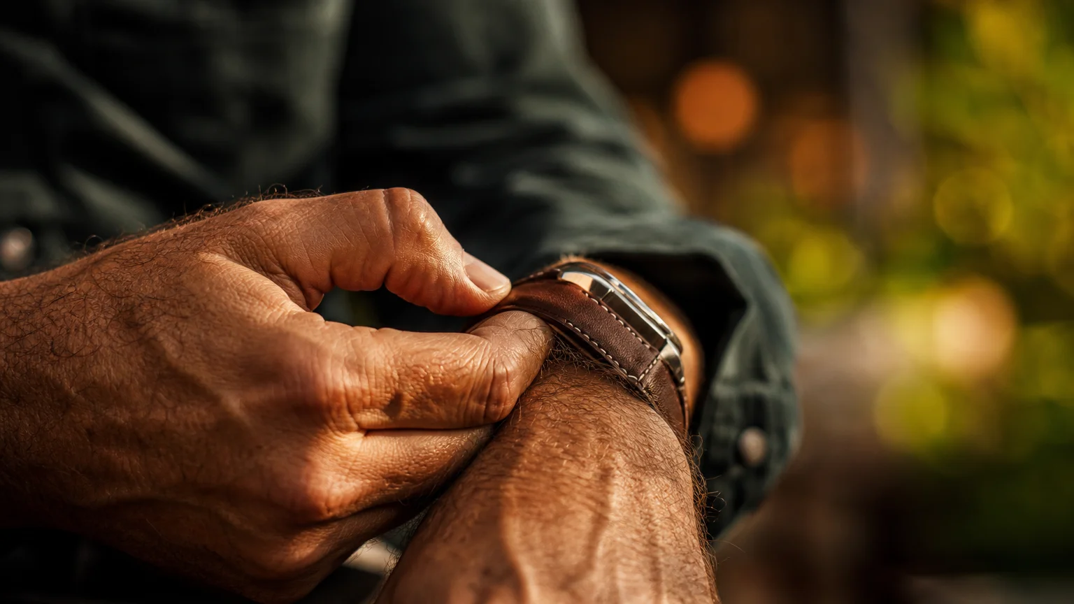 A close-up photo of a person's hands nervously adjusting their watch strap, representing a grooming gesture.