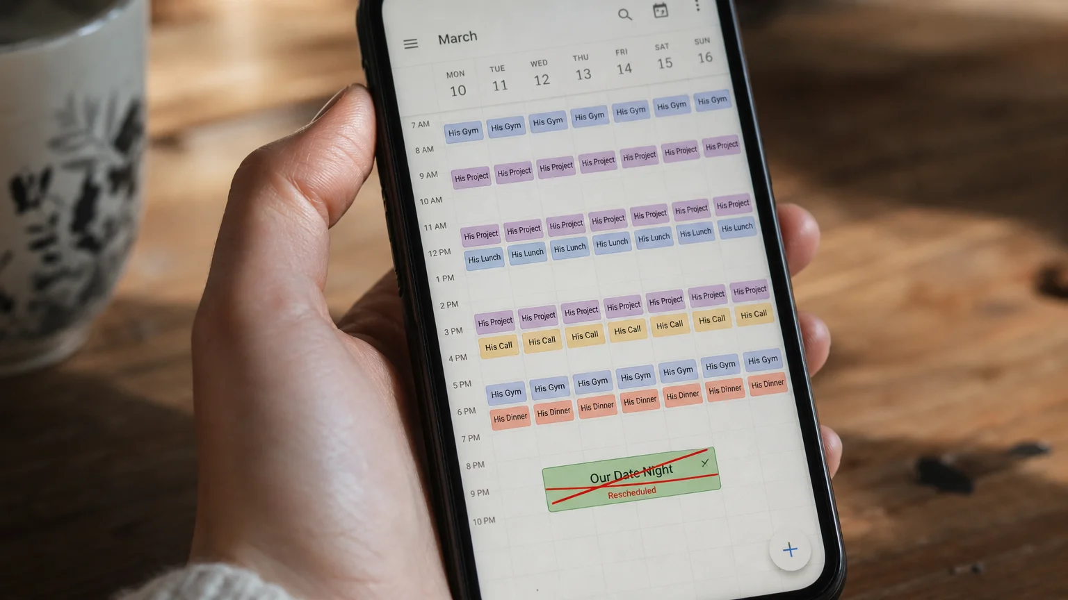 A close-up photo of a smartphone calendar app showing one partner's schedule dominating the week while 'Date Night' is crossed out.