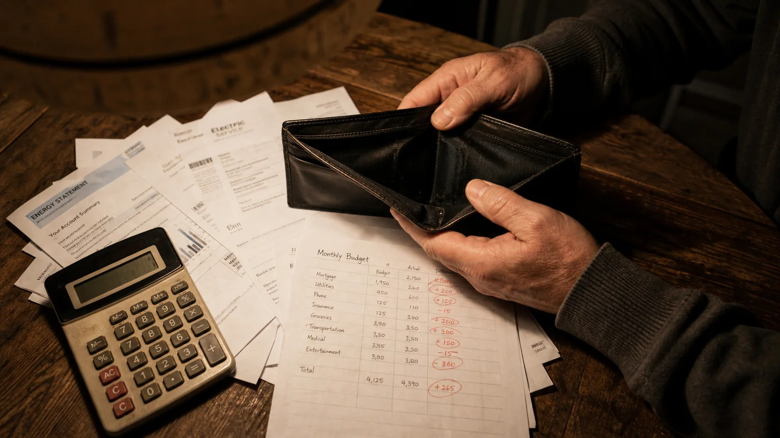 A close-up photo of an empty black leather wallet open on a pile of utility bills on a wooden table, under dim warm light.