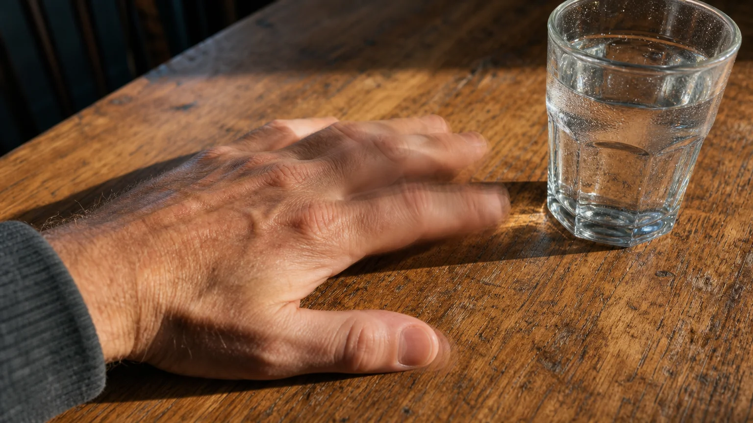 A close-up photograph of a hand resting on a table with a subtle motion blur on the thumb, suggesting a slight resting tremor.