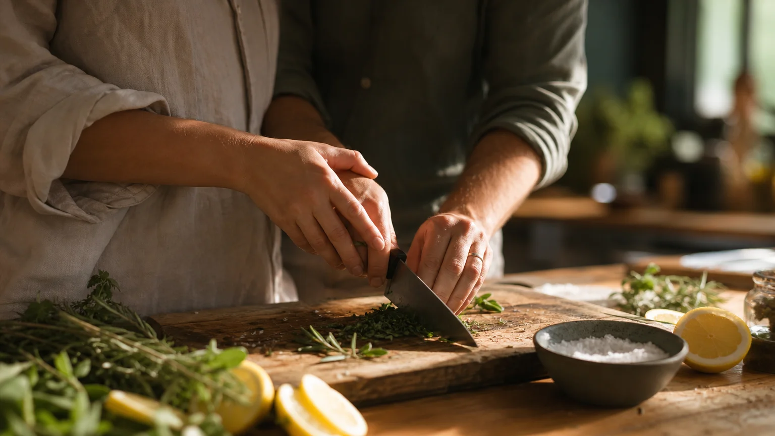 A close-up shot of a couple's hands preparing food together on a rustic wooden cutting board in a sunlit kitchen.