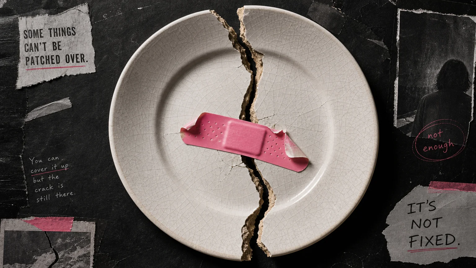 A collage of a fractured white ceramic plate with a pink plastic band-aid unsuccessfully pasted over the deep crack.