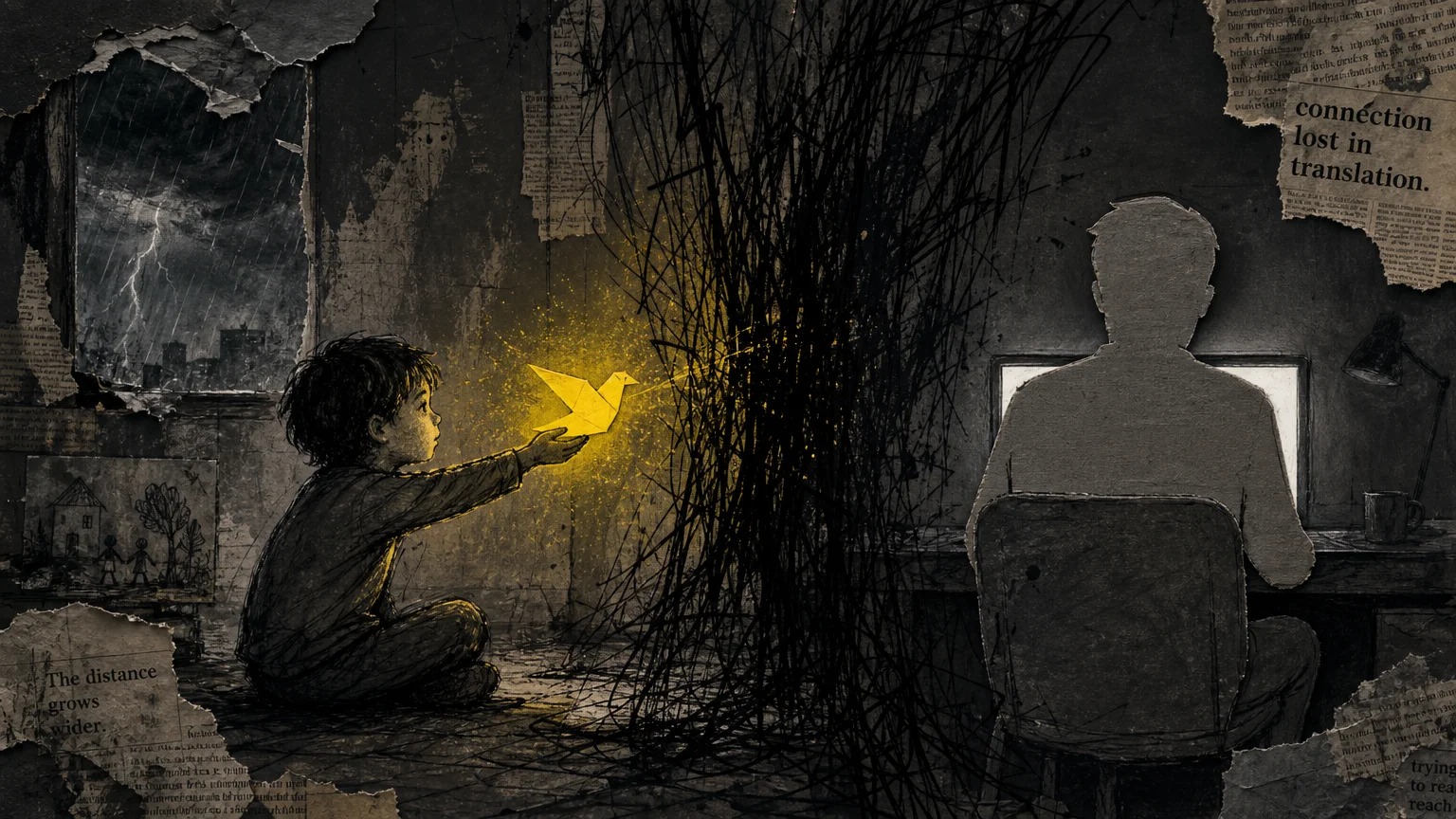 A collage showing a child offering a glowing yellow bird to an adult who is distracted by a screen.