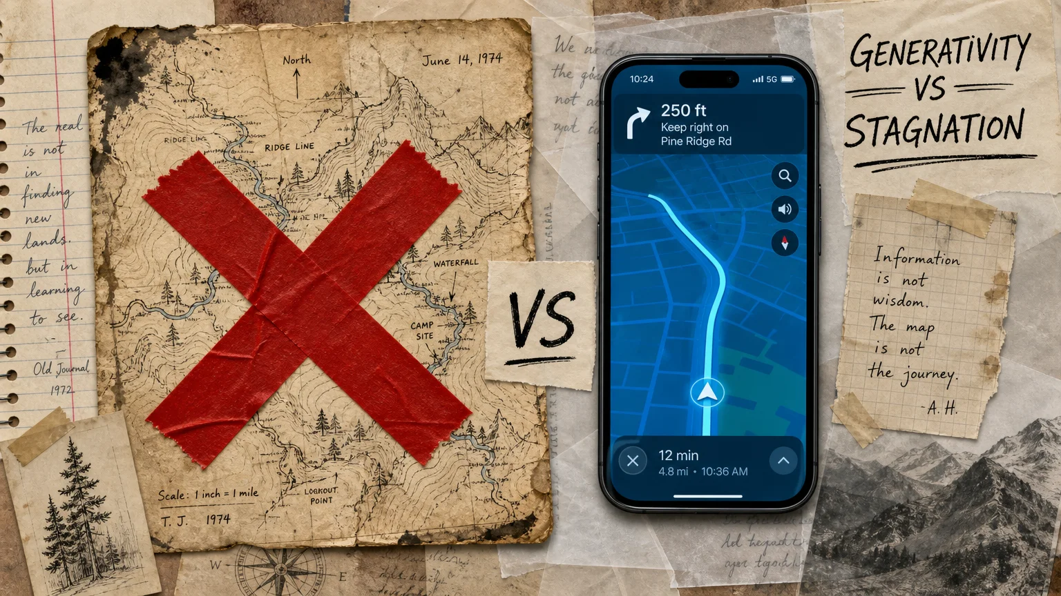 A collage showing a vintage paper map with a red X over it next to a glowing smartphone, symbolizing the rejection of old wisdom.