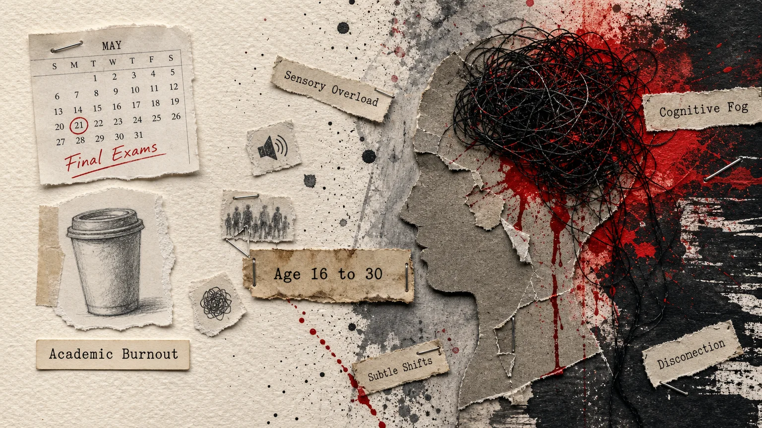 A collage showing the transition from academic burnout to cognitive fog, illustrating how early psychosis symptoms are often misidentified.