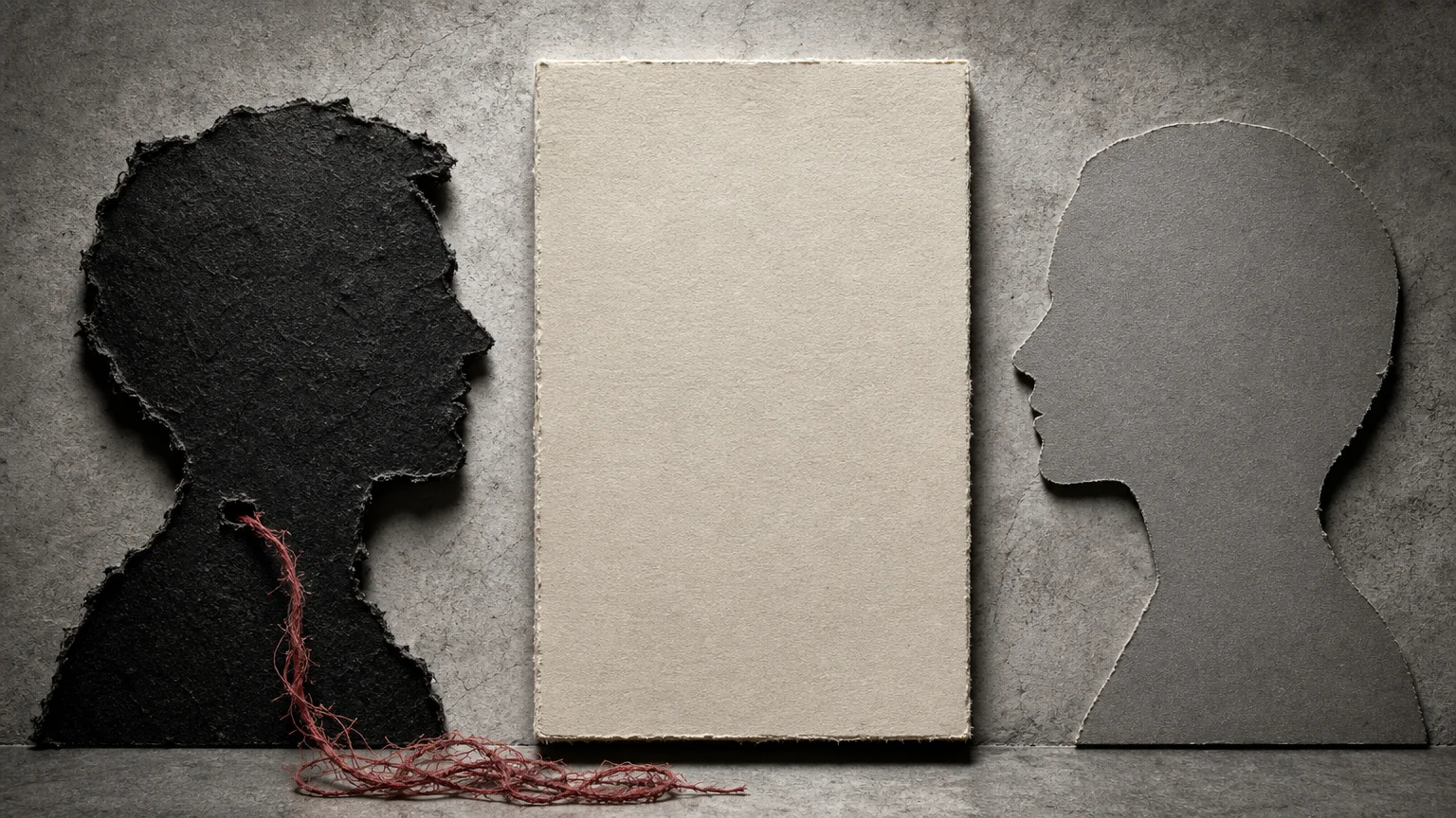 A collage showing two profile silhouettes separated by a heavy, blank block of paper, with a single loose red thread hanging down.