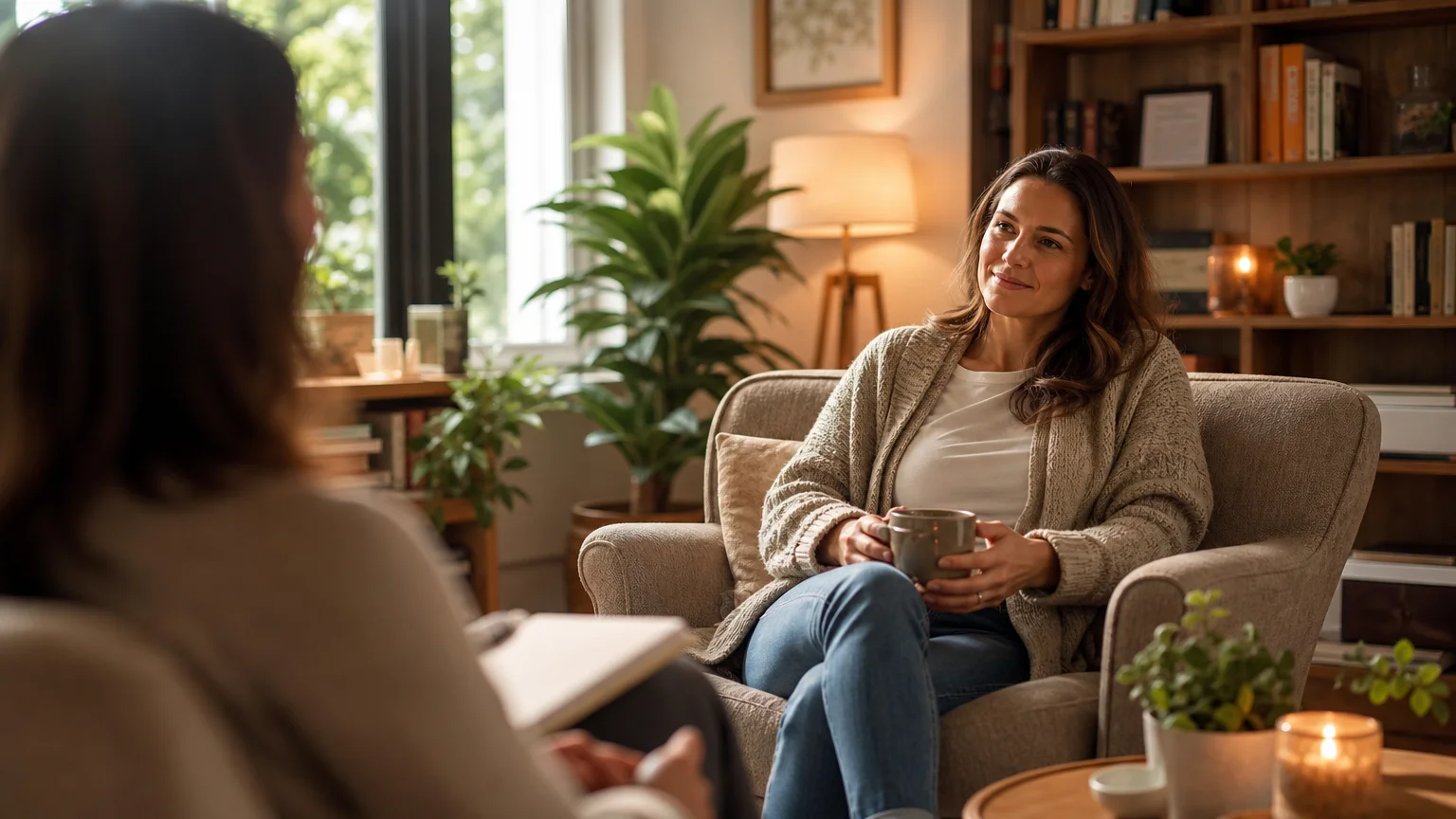 A comforting photo of a counseling session in a warm, sunlit office, showing an open conversation with a therapist.
