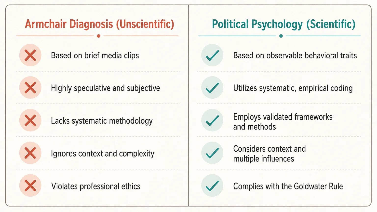 A comparative checklist diagram contrasting armchair diagnosis and scientific political psychology in two columns.