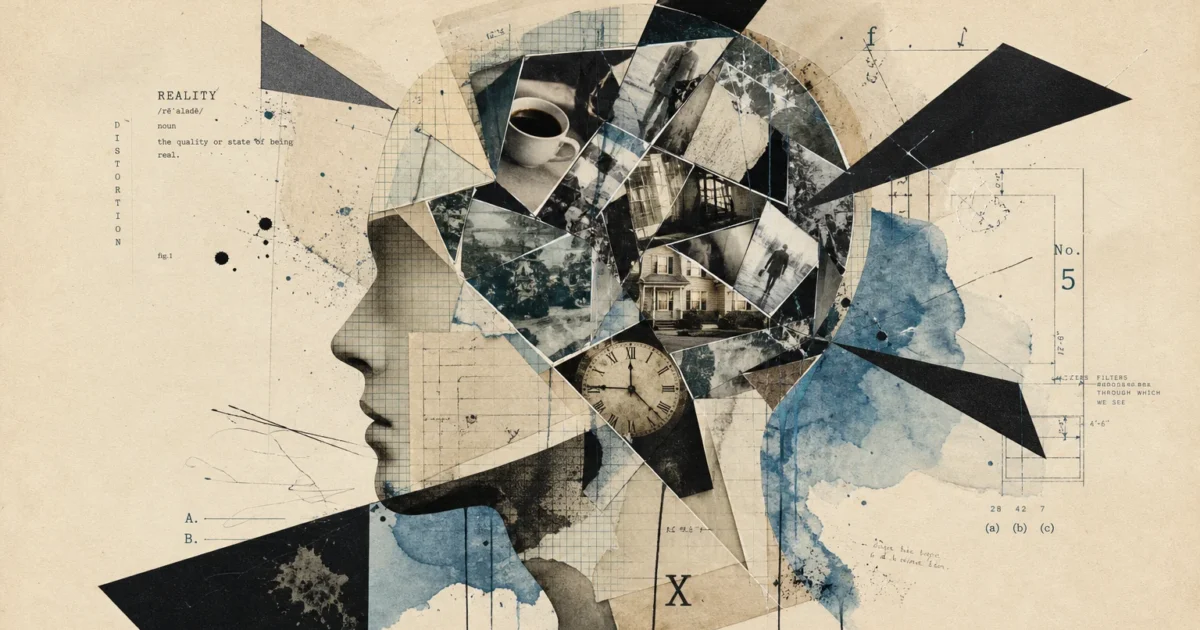 A conceptual collage of a head silhouette filled with shattered mirrors and warped photos, symbolizing reality distortion.