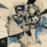 A conceptual collage of a head silhouette filled with shattered mirrors and warped photos, symbolizing reality distortion.