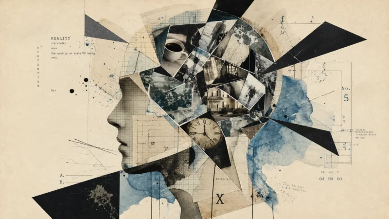 A conceptual collage of a head silhouette filled with shattered mirrors and warped photos, symbolizing reality distortion.
