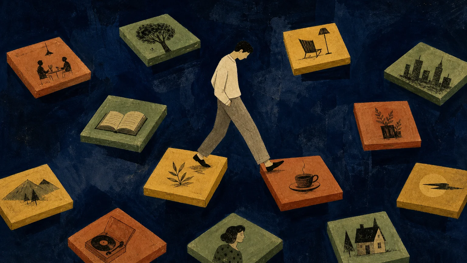 A conceptual gouache illustration of a figure walking across disconnected floating tiles in a dark void, representing episodic living.