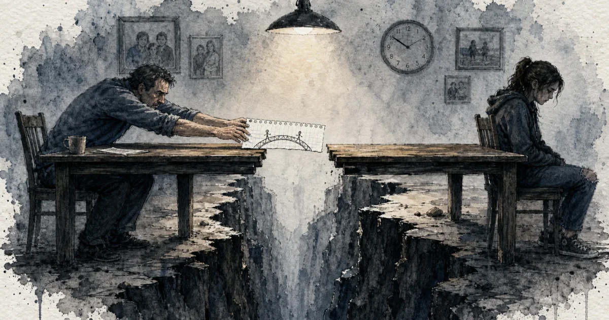 A conceptual illustration showing a father and daughter separated by a deep chasm in the floor of their dining room.