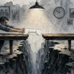 A conceptual illustration showing a father and daughter separated by a deep chasm in the floor of their dining room.