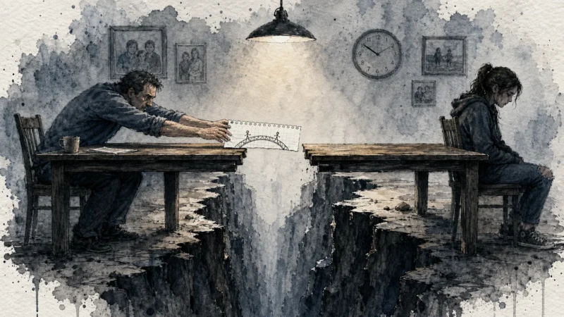 A conceptual illustration showing a father and daughter separated by a deep chasm in the floor of their dining room.