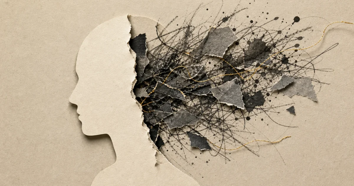 A conceptual mixed-media collage showing dark, chaotic textures emerging from a clean paper silhouette, symbolizing hidden guilt leaking out
