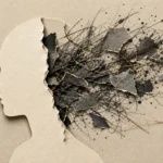 A conceptual mixed-media collage showing dark, chaotic textures emerging from a clean paper silhouette, symbolizing hidden guilt leaking out