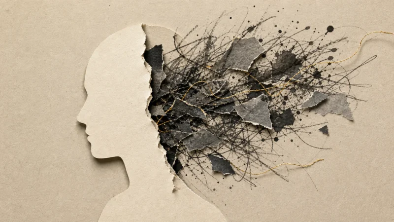 A conceptual mixed-media collage showing dark, chaotic textures emerging from a clean paper silhouette, symbolizing hidden guilt leaking out