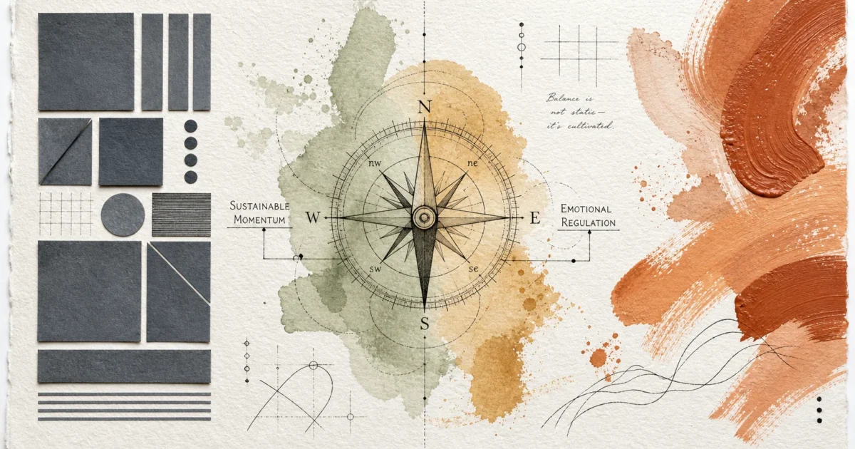 A conceptual mixed media collage with a compass, geometric shapes, and watercolor washes symbolizing structure and flow.