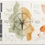 A conceptual mixed media collage with a compass, geometric shapes, and watercolor washes symbolizing structure and flow.