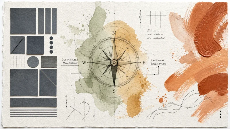 A conceptual mixed media collage with a compass, geometric shapes, and watercolor washes symbolizing structure and flow.