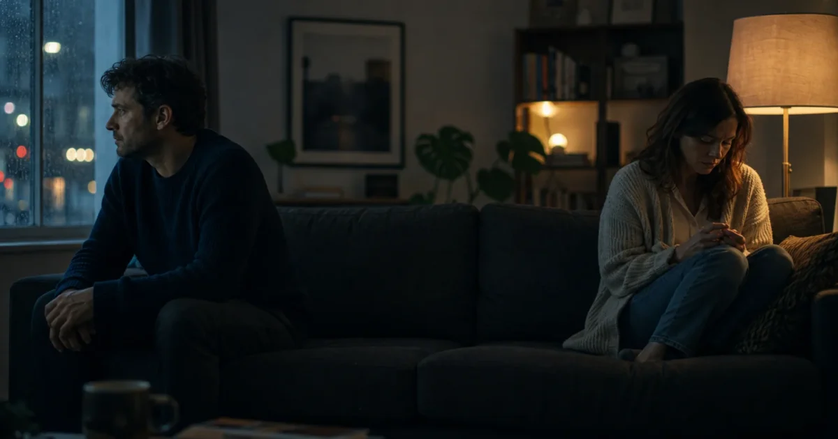 A couple sits on opposite ends of a long sofa in a dimly lit living room, staring away from each other with a large physical gap between the