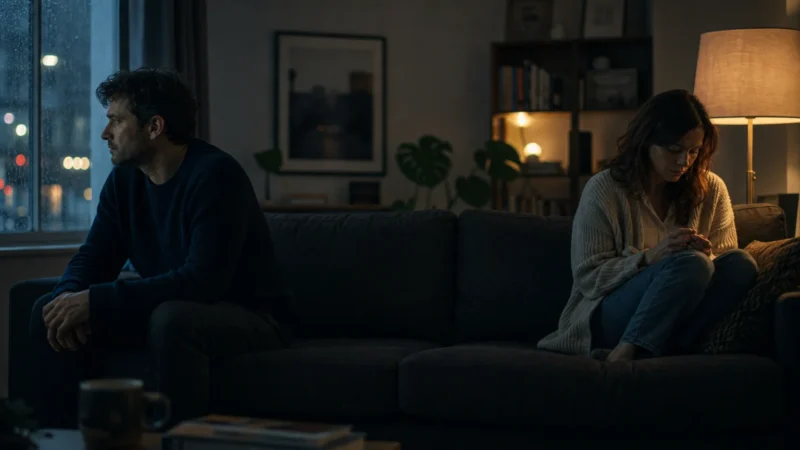 A couple sits on opposite ends of a long sofa in a dimly lit living room, staring away from each other with a large physical gap between the