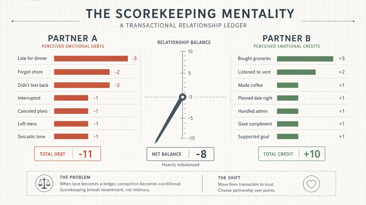A data visualization diagram depicting a relationship ledger with transactional tally marks for credits and debts.