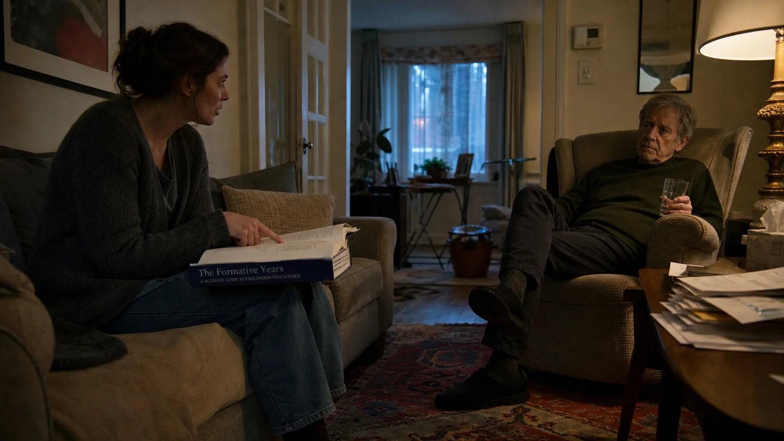 A daughter sitting on a sofa holding a psychology book while talking to her elderly father, who looks exhausted.
