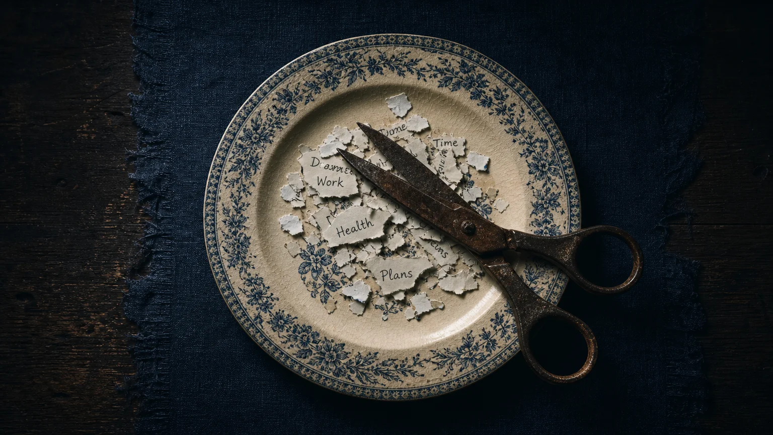 A dinner plate containing shredded scraps of paper with words like 'Work' and 'Plans' next to a pair of heavy scissors.
