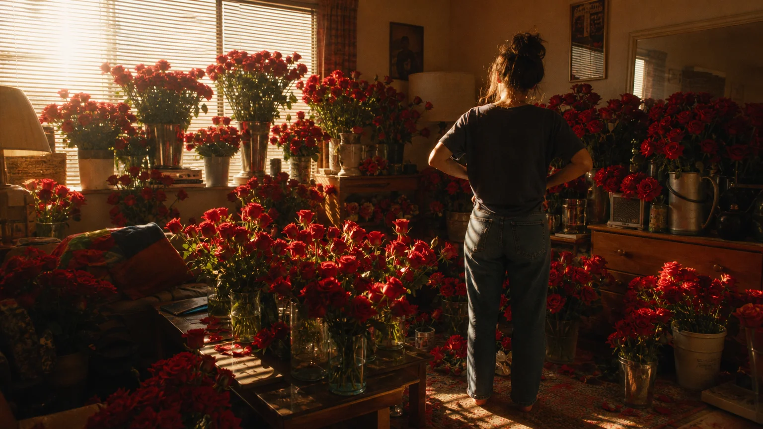 A film photo of an apartment living room overwhelming filled with red roses, with a tense figure standing in the background.