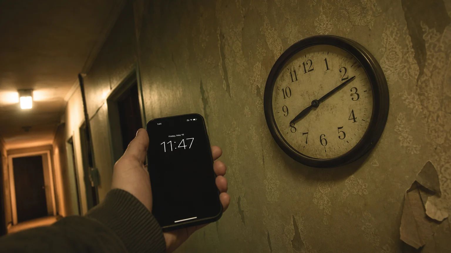 A first-person view of a hand holding a phone showing a different time than a wall clock, symbolizing gaslighting.