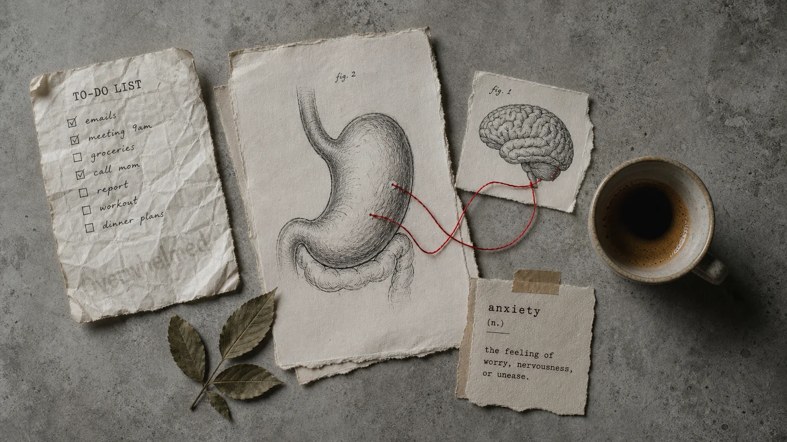 A flat-lay collage featuring a sketched stomach connected by red thread to a brain, alongside a crumpled to-do list and a ceramic cup.