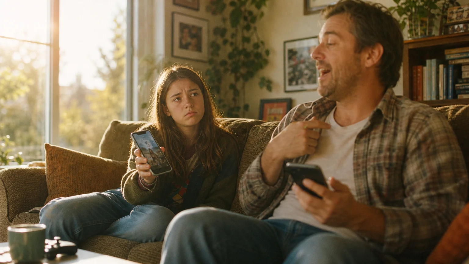A girl trying to share something with her father while he ignores her to talk about himself.