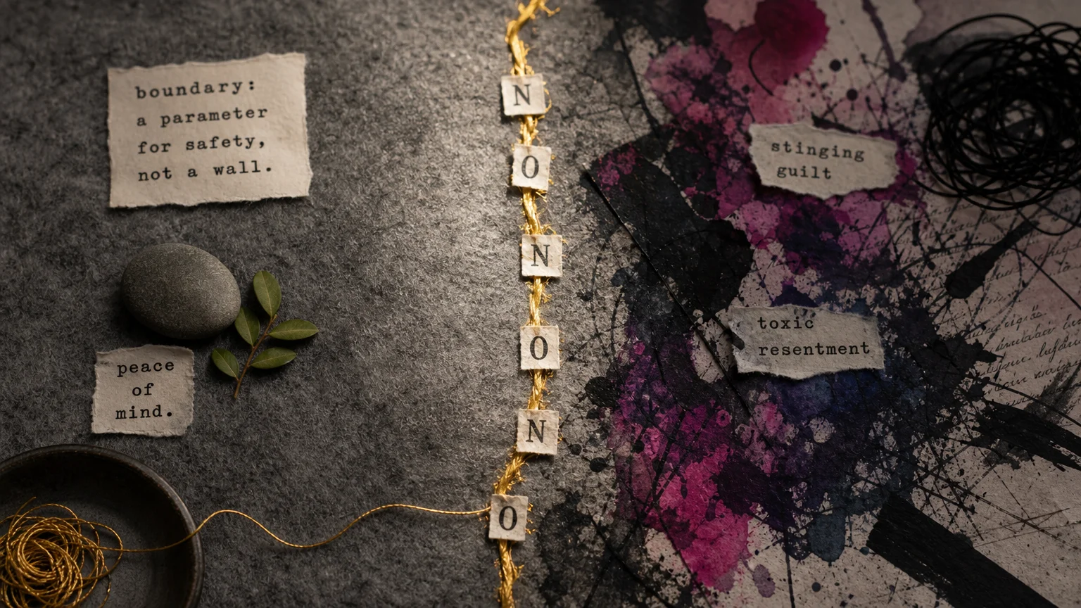 A gold thread stitched through felt, separating a calm space from a chaotic one to symbolize a healthy boundary.
