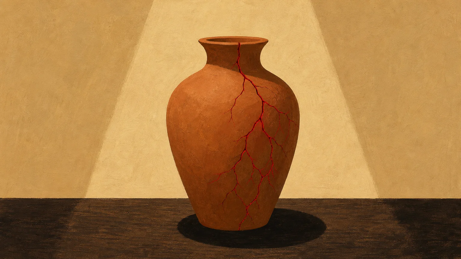 A gouache illustration of a simple terracotta vase with thin, deep red cracks running down its side on a dark table.